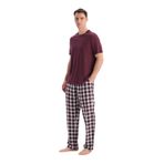 Dagi Erkek Pijama Takımı, Bordo Kısa Kollu Tişört, Ekoseli Pantolon, L Beden