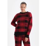Dagi Kadın Ekoseli Polar Sweatshirt, Örme, Kırmızı, L
