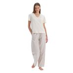 Dagi Kadın V Yaka Dokuma Pantolonlu Pijama Takımı, Modal, Ekru, 2XL