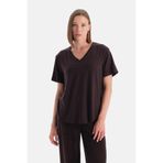 Dagi Kadın V Yaka Spor T-Shirt, S, 25WW11485BB, Kahverengi