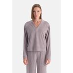 Dagi Kadın V Yaka Uzun Kollu Kadife Sweatshirt, Örme, Kadife, Açık Lila, M