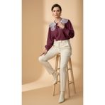 Dagü Design Kadın bordo bebe yaka balon kol poplin gömlek rahat kalıp vintage tarz