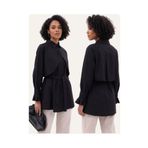 Dagü Design Kadın siyah tesettür poplin kuşaklı tunik gömlek rahat kalıp