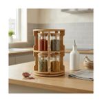 Daisy Home Deconox Doğal Bambu 360° Döner Standlı 10'lu Cam Baharatlık Seti - Büyük Boy (250 Ml) Ahşap Kapaklı Baharat Takımı - Kestane Akaju - Option-1
