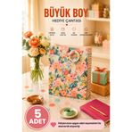 Daks 5 ADET (32 x 26 x 14 cm) - Pastel Pembe Çiçekli Büyük Boy Karton Hediye Çantası