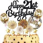 Dalettu Pasta dekorasyonu, 21. doğum günü, erkek, kadın, pasta süsü, Happy 21. doğum günü, siyah, pasta dekorasyonu, balonlar, konfeti ve kağıt yelpazeli, 21. doğum günü için, erkekler parti