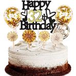 Dalettu Pasta dekorasyonu 32. doğum günü erkek kadın siyah pasta süsü dekorasyon 32 doğum günü kadınlar için pasta süsü Happy Birthday balon konfeti kağıt yelpazeler doğum günü pastası dekorasyonu 32