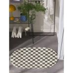Dama Desenli Kaymaz Taban Yıkanabilir Oval Banyo Paspası Tek Parça 60X100 cm Shaggy Chess - Füme