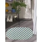 Dama Desenli Kaymaz Taban Yıkanabilir Oval Banyo Paspası Tek Parça 60X100 cm Shaggy Chess - Turkuaz