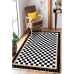 Dama Desenli Modern Dijital Baskılı Yıkanabilir Kaymaz Halı 200 X 250 Cm Siyah
