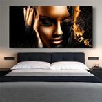 DAMAIART Büyük Boy Siyah ve Altın Kanvas Tablo Afrikalı Kadın Posterler ve Baskılar Oturma Odası için Modern Duvar Sanatı Resimleri 65 x 130 cm Çerçevesiz
