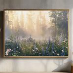 DAMAIART Ormanda Gün Doğumu Tuval Duvar Sanatı, Bir Ormanda Mavi ve Pembe Yaban Çiçekleri Poster Baskılar Oturma Odası Dekoru için (20 x 30 cm / Kanvas Sarma)