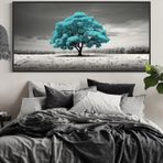 DAMAIART Siyah Beyaz Arka Plan Üzerine Deniz Mavisi Ağaç Posteri ve Baskısı Büyük Boy Oturma Odası Duvar Sanatı Camgöbeği Gri Kanvas Tablo 70 x 140 cm İç Çerçeve