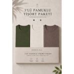 Damga 3 Adet Erkek Günlük Yazlık Bol Basic Kısa Kollu Tişört - Haki - Krem - Kahverengi