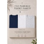 Damga 3 Adet Erkek Günlük Yazlık Bol Basic Kısa Kollu Tişört - Lacivert - Beyaz - Açık Gri - XL