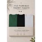 Damga 3 Adet Erkek Günlük Yazlık Bol Basic Kısa Kollu Tişört - Siyah - Yeşil - Açık Gri - XL