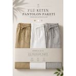 Damga 3 Adet Erkek Premium Yazlık Jogger Keten Pantolon - Ekru - 2XL