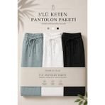 Damga 3 Adet Erkek Premium Yazlık Jogger Keten Pantolon - Krem - 3XL