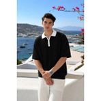 Damga Erkek Comfort Fit Çizgili Triko Siyah Polo Yaka Tişört - XL
