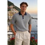 Damga Erkek Fermuarlı Çizgili Triko Gri Polo Yaka T Shirt - 2XL