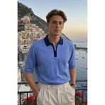 Damga Erkek Fermuarlı Çizgili Triko Mavi Polo Yaka T Shirt - XL