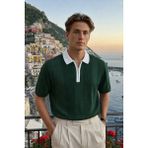 Damga Erkek Fermuarlı Çizgili Triko Yeşil Polo Yaka T Shirt - 2XL