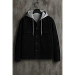 Damga Erkek Göğüs Cep Oversize Siyah Kapşonlu Kot Mont - 2XL