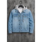 Damga Erkek Kapşonlu Buz Mavi Bol Kot Mont %100 Pamuklu Denim Ek Özellikli