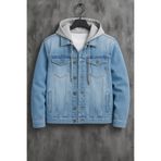 DAMGA JEANS Erkek Kapşonlu Mevsimlik Buz Mavi Bol Kot Mont