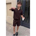 DAMGA JEANS Erkek Keten Polo Yaka Gömlek Bağcıklı Yazlık Şort Kahve İkili Takım