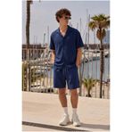 DAMGA JEANS Erkek Premium Rahat Gömlek Jogger Keten Şort Lacivert İkili Takım