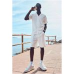DAMGA JEANS Erkek Trend Polo Yaka Gömlek Basic Keten Şort Beyaz İkili Takım