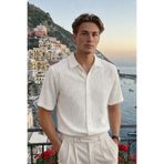 DAMGA JEANS Erkek Trend Polo Yaka Oversize Beyaz Keten Gömlek