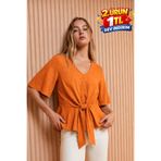DAMGA JEANS Kadın Bağlamalı İspanyol Kol Turuncu Şık Bluz