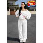 DAMGA JEANS Kadın Beli Lastikli Bol Paça Beyaz Keten Pantolon
