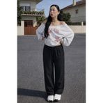 DAMGA JEANS Kadın Beli Lastikli Bol Paça Siyah Keten Pantolon