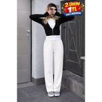 DAMGA JEANS Kadın Yazlık Regular Bol Paça Beyaz Keten Pantolon