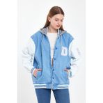 Damga Kadın Jeancomfort Oversize Pamuklu Kapşonlu Kot Kolej Ceket Buz Mavi - XL