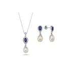 Damla Safir Doğal İnci Sallantı Küpe Kolye İkili Set (Beyaz)