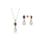 Damla Safir Doğal İnci Sallantı Küpe Kolye İkili Set (Rose)