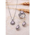 Damla Tasarımlı Telkari İşlemeli Pembe Quartz Taşlı Gümüş set 1886