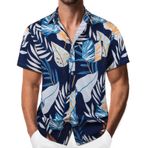 Danfiki Hawaii Kısa Kollu Çiçek Koyu Mavi Sarı Yaprak Erkek Gömlek