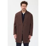 Danger Erkek Kruvaze Palto Mont %100 Polyester Kahverengi Uzun Kol Rahat Kalıp - XL