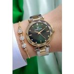 Daniel Klein 33 mm Kesme Camlı Altın-Metalik Yeşil Kadran Şık Tasarım Kadın Kol Saati, Taşlı Bileklik Hediyeli