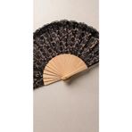Dantel Detaylı Bambu Katlanır El Yelpazesi, Siyah, 43 x 23 cm, Çiçek Desenli