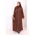 Dantel Şeritli Abaya Elbise Şal Üçlü Takım 6074 Kahverengi