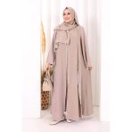 Dantel Şeritli Abaya Elbise Şal Üçlü Takım 6074 Vizon