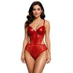 Dantelli Deri Haki Transparan Çıtçıtlı Sütyenli Body Bodysuit Kırmızı 90B