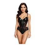 Dantelli Deri Haki Transparan Çıtçıtlı Sütyenli Body Bodysuit Siyah 85B