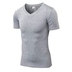 Daoba Erkek Hızlı Kuruyan Sıkı Sıkıştırma İçlik Kısa Kollu Atletik Fitness Tişört V Yaka, gri, L
